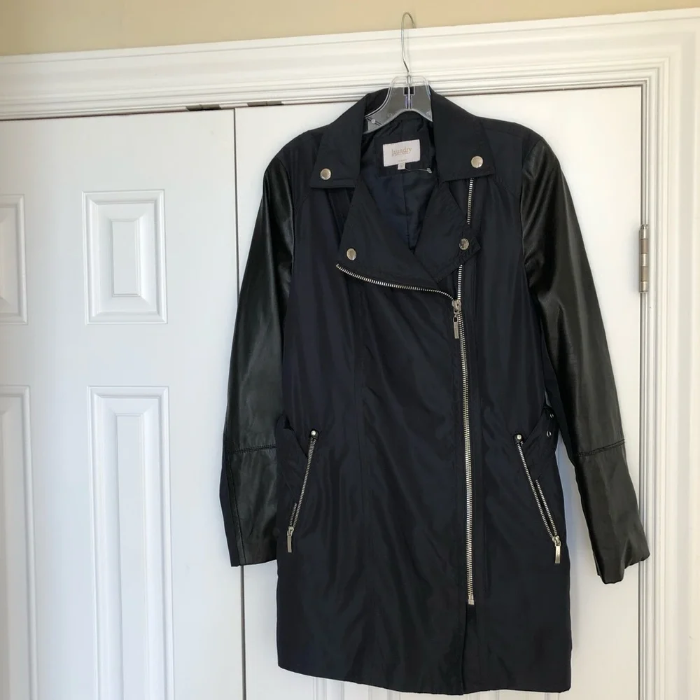Laundry by Shelli Segal Women’s coat Black size Med faux Leather sleeves, NWOT - Picture 2 of 12